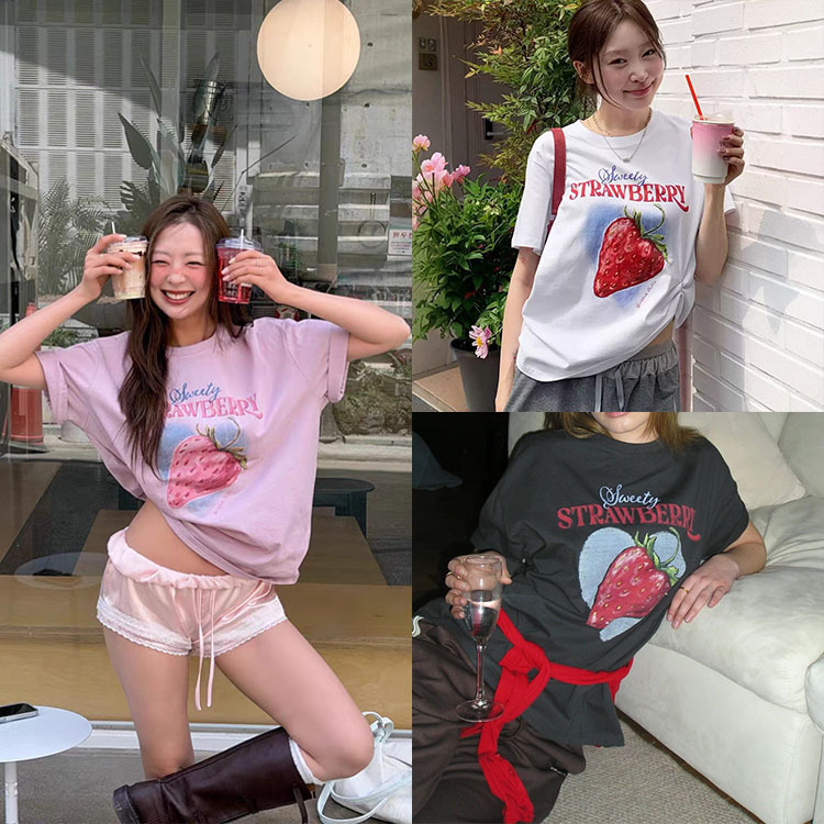 Fan Sun·Xh Korean Blogger's Same Style Strawberry Print Short-Sleeve T-Shirt Dongdaemun New Summer Round Neck Top for Women Fan Sun·Xh Korean Blogger's Same Style Strawberry Print Short-Sleeve T-Shirt Dongdaemun New Summer Round Neck Top for Women