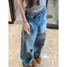 美式大码辣妹复古设计感翻折腰身牛仔裤子女新款做旧破洞拖地裤潮