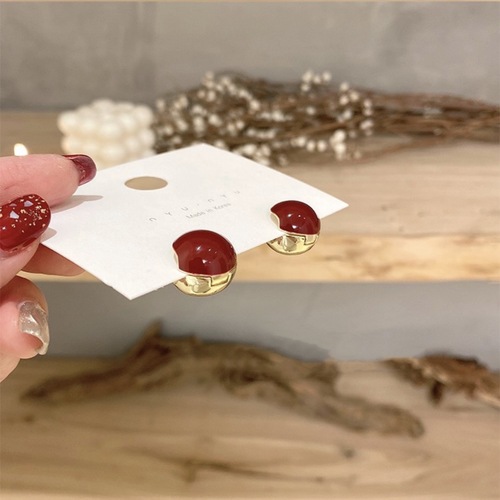Korean version of the same red acacia bean red bean earrings round double-sided two-color creative metal style earrings