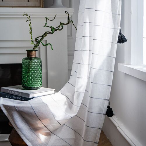 Yimanqiyun striped window screen black tassel decorated translucent curtain finished product modern simple cross-border exclusive supply
