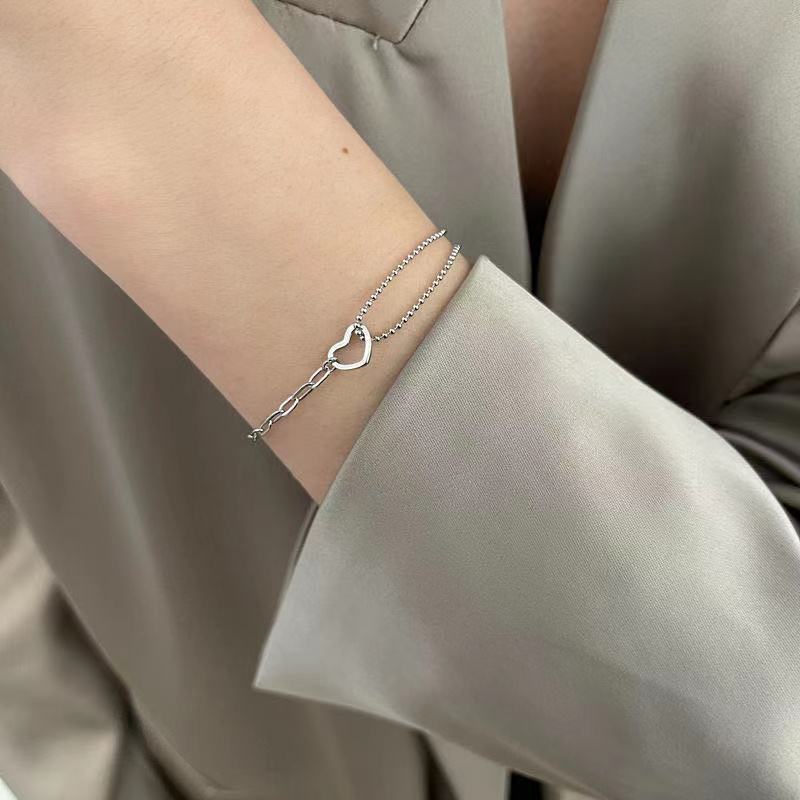 Minimalist Hollow Asymmetric Heart Bracelet for Women Korean Style Simple Fashion Creative Double Layer Spliced Chain Bracelet