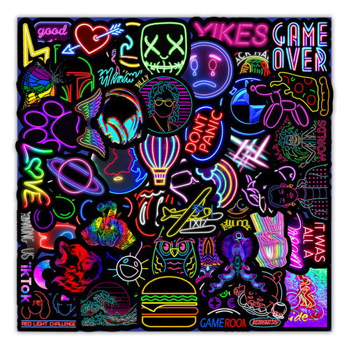 50 new neon stickers, car trunk, mobile phone water cup decoration stickers, notebook handbook stickers, waterproof