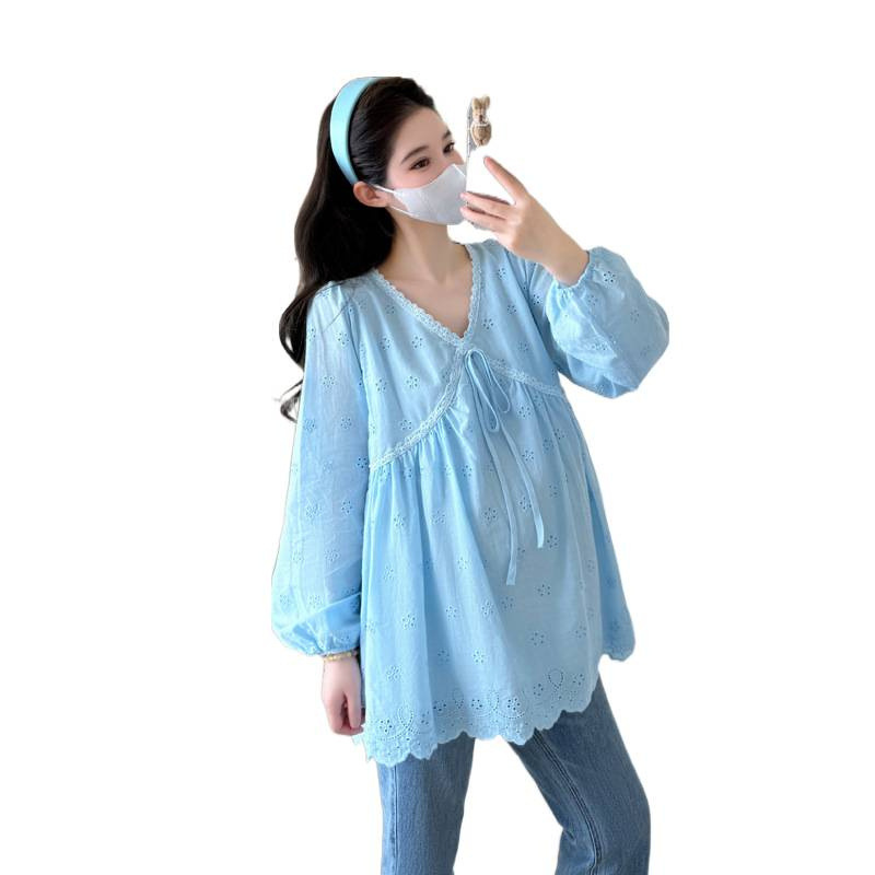 孕妇装秋季新款韩版V领蕾丝刺绣娃娃衫长袖宽松甜美显瘦孕妇上衣|undefined