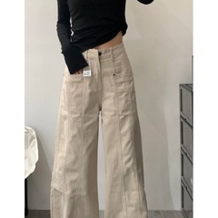 韩版复古高腰纯色牛仔裤女生秋季款辣妹宽松垂感拖地设计感工装裤