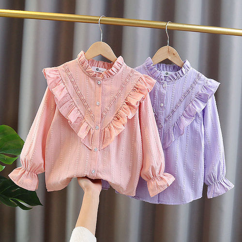 Stock girls 'cotton shirts in spring and autumn new style for middle and middle children's Western-style long-sleeved shirts for children's sweet shirts and thin style tops