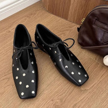 羊皮版~2025年春季新款小香风铆钉小众气质增高真皮平底单鞋女鞋