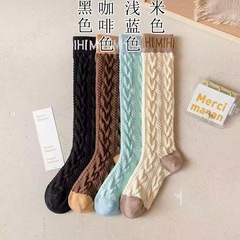 Sheer Thigh High Stockings for Girls, Japanese Soft Lolita Style, Knee-High Stockings, Early Spring Thin Vintage Color Block JK Hemp Pattern Over-the-Knee Socks