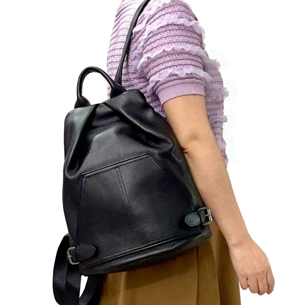 Full Leather Backpack, Women's Bag, Black Cowhide Backpack, Back Zipper Anti-theft Travel Bag_voghion.com