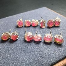天然西瓜碧玺原石耳钉,s925银镶嵌,简约气质超仙儿 可跨境批发