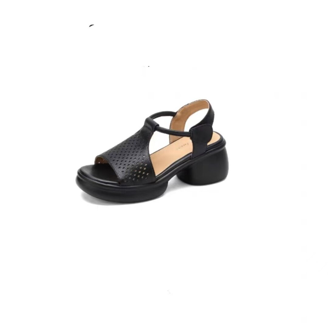 Sandal nữ da thật mũi hở gót vuông đế dày tăng chiều cao — màu đen