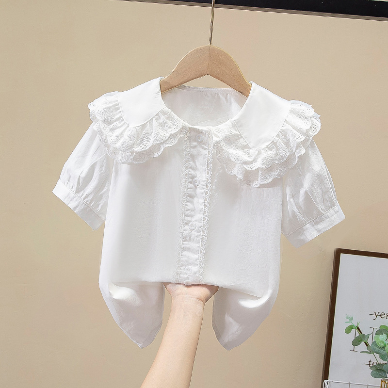 Girls' Short-Sleeve Shirt 2026 New Style for Older Children, Pure Cotton with Lace, Stylish Summer Princess Top, Wholesale Girls' Short-Sleeve Shirt 2026 New Style for Older Children, Pure Cotton with Lace, Stylish Summer Princess Top, Wholesale