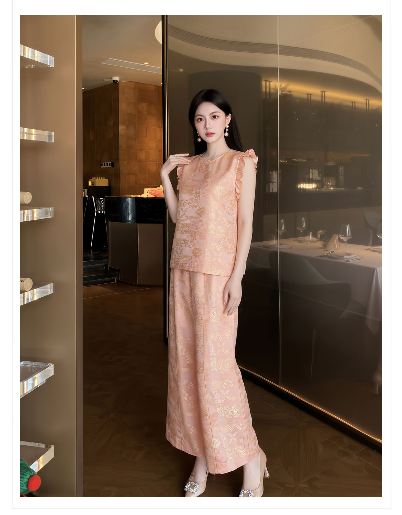 Bộ đồ nữ mùa hè phong cách tân trung hoa áo tay lửng phối quần ống rộng họa tiết jacquard — Trang chủ, bộ đồ, Quần dài chi tiết 11