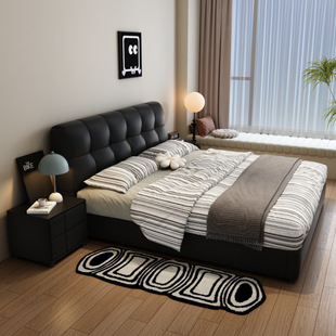 Italian Minimalist Leather Bed for Master Bedroom, Modern and Simple 1.5m Small Apartment Wedding Bed, Black Puff Air Pressure Storage Bed
