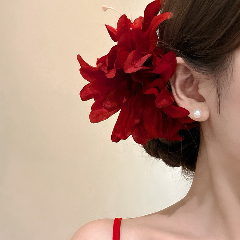 New Chinese Style Bride Red Flower Hairpin Female Ancient Style Cheongsam Side Clip Head Flower Hair Accessories Holiday Travel Head Flower