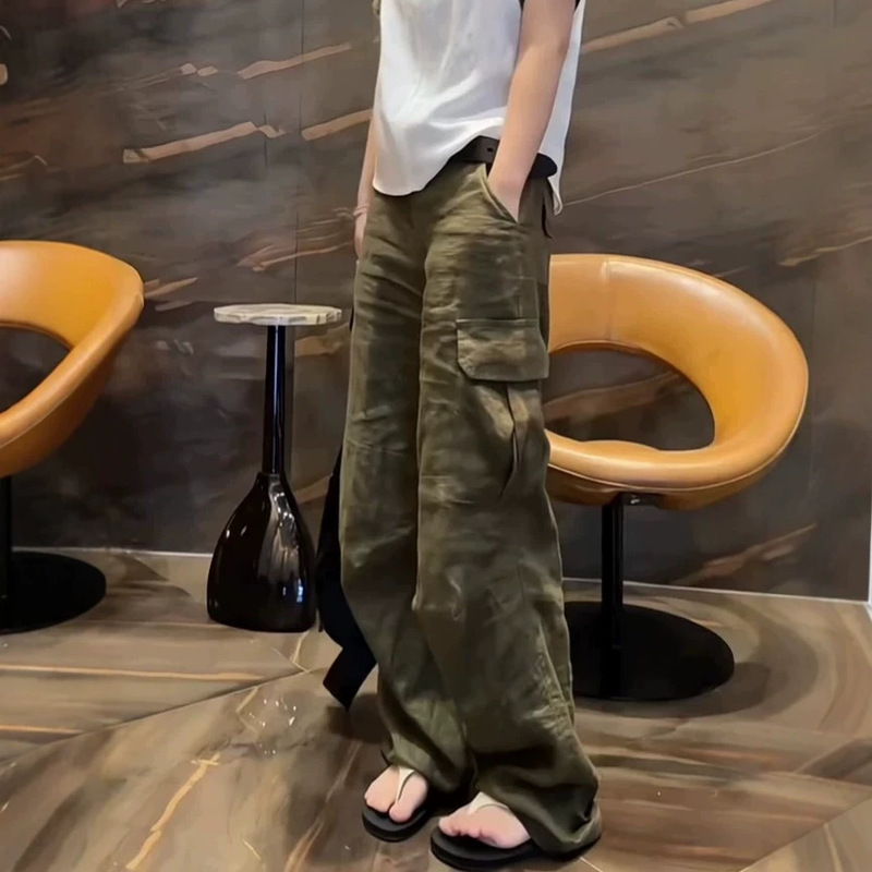 Women's summer linen casual pants, thin style for pear-shaped body, plus size, fashionable high-waisted loose floor-length wide-leg cargo pants Women's summer linen casual pants, thin style for pear-shaped body, plus size, fashionable high-waisted loose floor-length wide-leg cargo pants