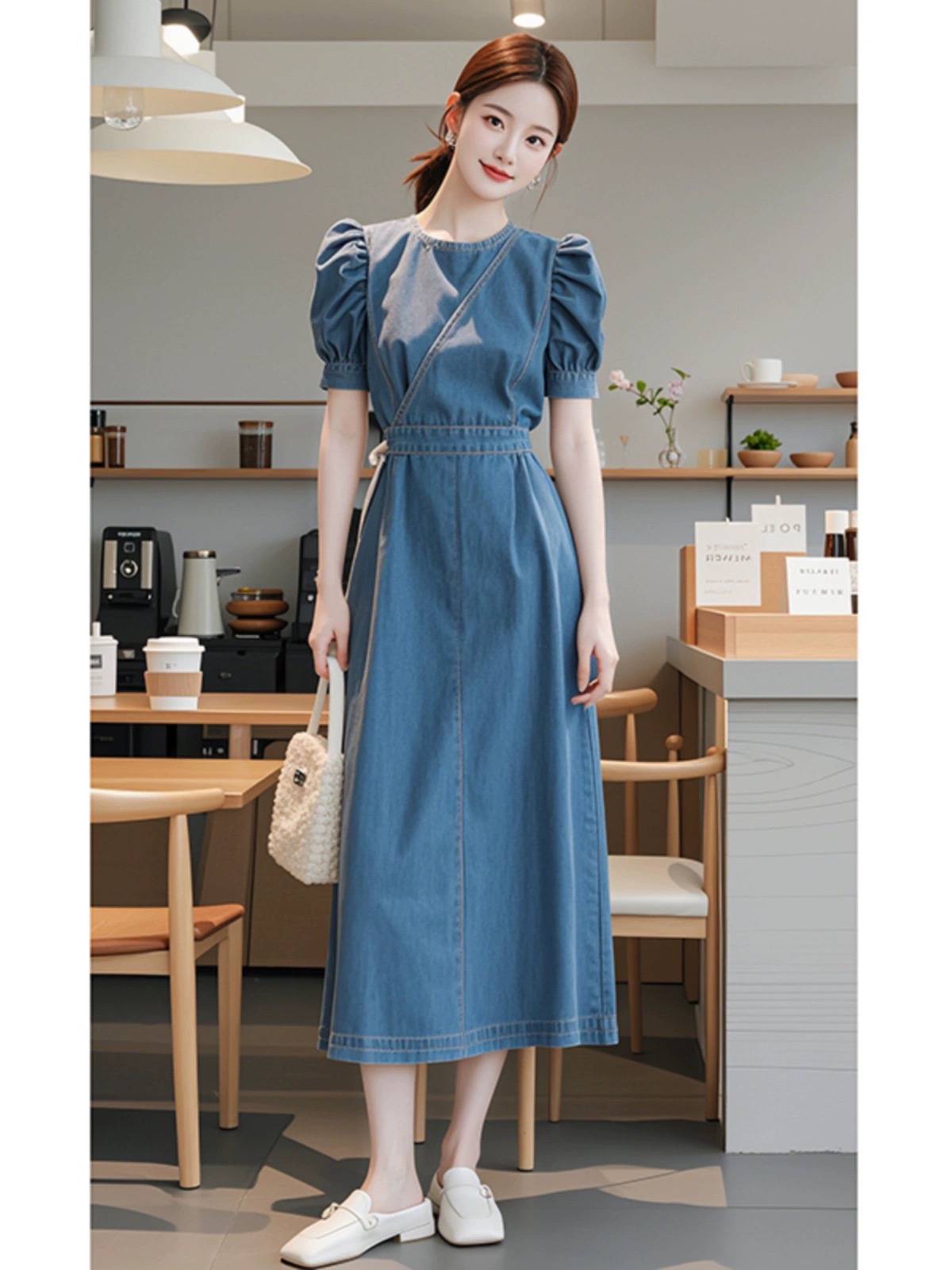 Váy denim xanh dáng maxi thắt eo phong cách Hàn Quốc mùa hè — Màu xanh lam chi tiết 5
