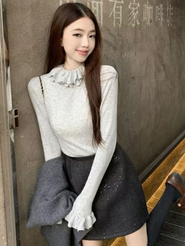 春秋一整套针织灰色马甲毛衣女慵懒风法式木耳边打底衫气质两件套|undefined