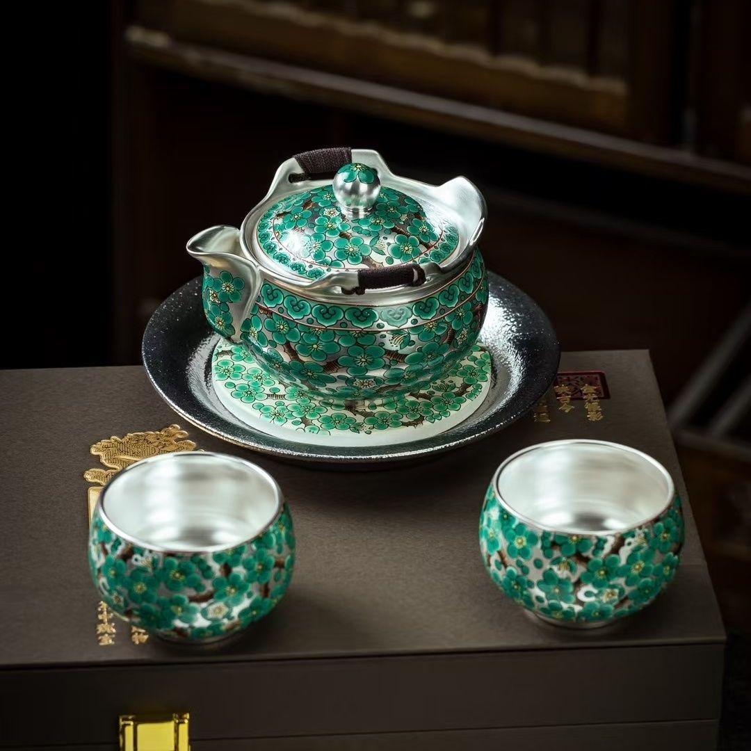 周鸿杰999纯银鎏银茶壶茶杯一壶二杯茶具套装送长辈领导高档商务