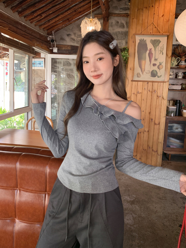 韩系荷叶边ins巨好看吊带斜领露肩长袖T恤女秋季穿搭修身显瘦上衣|undefined