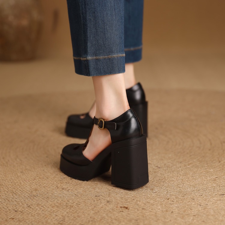 Sandal nữ đế xuồng platform gót vuông phong cách vintage khóa kim loại — màu nâu, màu đen chi tiết 65