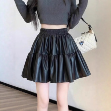 黑色pu小皮裙半身裙女秋冬季辣妹高腰显瘦a字伞裙防走光蓬蓬短裙