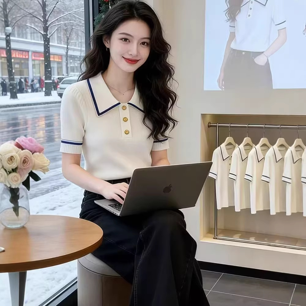 Áo thun nữ polo cổ tay lỡ phối màu chất liệu lụa đan mát mẻ — trắng chi tiết 5