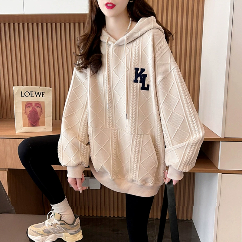 Свитер с капюшоном женский маленький на флисовой подкладке утолщенные осень и зима плюс размер букв вышивка длинный жаккардовый свитер женские оптом