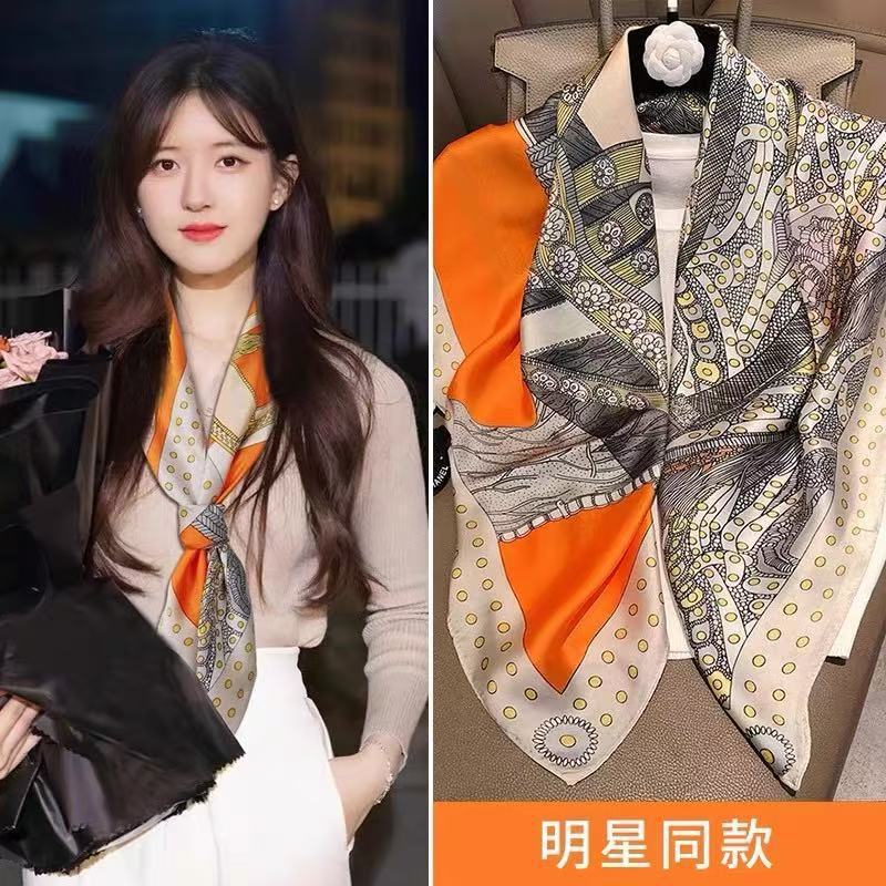 春と夏の韓国版模擬シルクサテン薄いスカーフガーゼエアコンショールビーチタオル 90 日焼け止めシルクスカーフ女性卸売|undefined