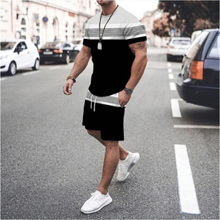 Foreign Trade AliExpress Men's suit Summer Fitness Sports Trend Loose Fashion Casual T Sleeve Two-piece Set