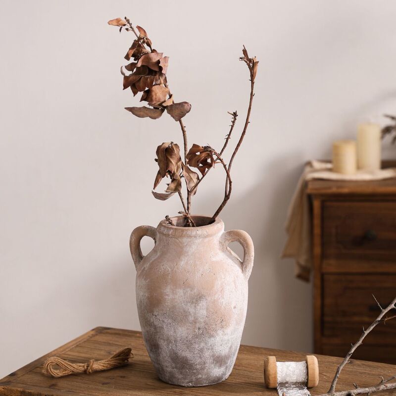 Retro Stoneware Wabi-Sabi Style Double-Eared Vase Handmade Ceramic High-End Pottery Jar Soft Decoration Living Room Flower Decoration