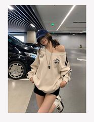 【320グラムの薄いタイプ/400グラムのベルベット】vネックの女性運動長袖のゆるいプリント上着