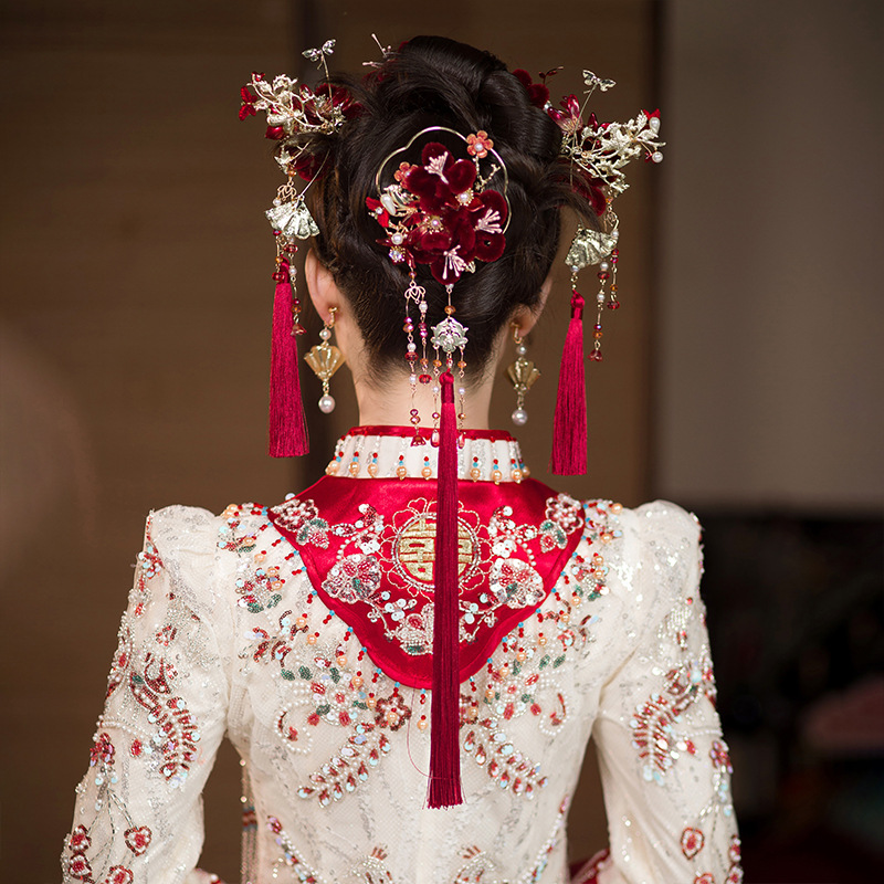 Joyería nupcial chino xiuhe ropa tocado estilo antiguo terciopelo rojo flor borla joyería de la boda brindis ropa Accesorios
