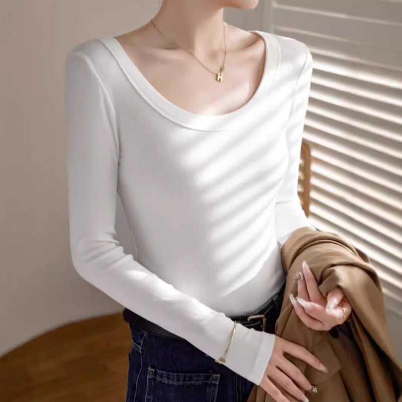 94 Cotton 6 Spandex 2024 New Autumn Black New Pure Desire Style Slim Fit Foreign Style U Neck Long Sleeve Top