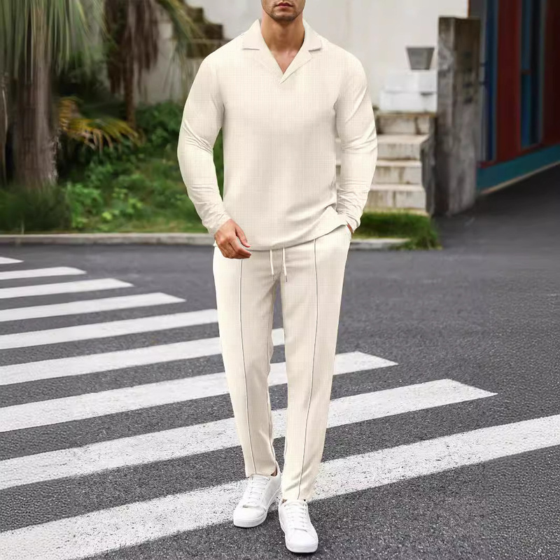 Amazon 2024 autumn and winter cross-border new men's solid color suit waffle suit collar long sleeve trousers suit Amazon 2024 autumn and winter cross-border new men's solid color suit waffle suit collar long sleeve trousers suit