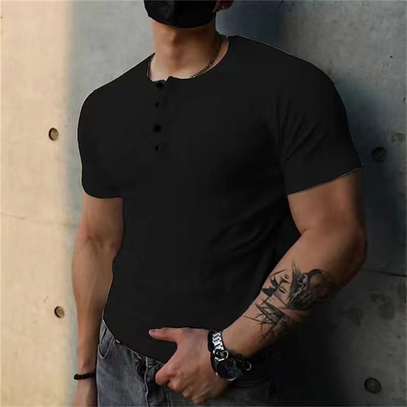 Men's T-shirt Solid Colour Casual Short Sleeve Henley Shirt_voghion.com