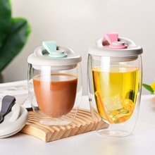 跨境硅胶盖蛋形双层玻璃杯高硼硅透明玻璃果汁咖啡杯新中式