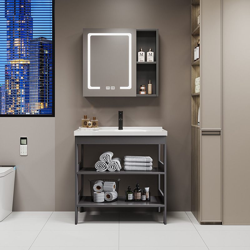 Small Apartment Floor-Standing Bathroom Sink Cabinet Combination, Space Aluminum Bathroom Cabinet with Integrated Washbasin for Balcony
