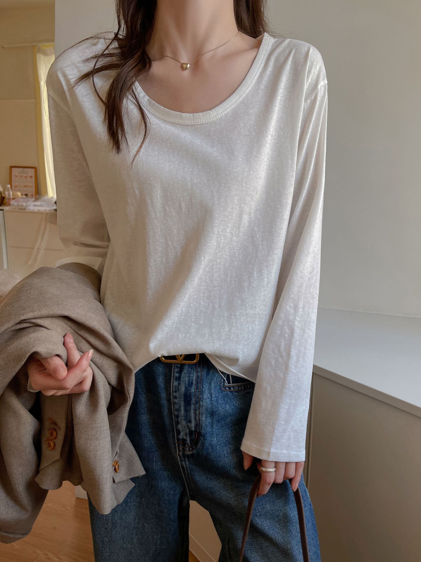Carefully Selected Right Shoulder Long-Sleeved T-Shirt Women's Early Autumn Pure Color Casual Versatile Bottoming Shirt with Loose and Lazy Top