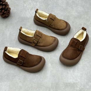Foreign trade handmade fur one-piece cotton shoes winter vintage artistic round head flat pure wool thick warm women's cotton shoes