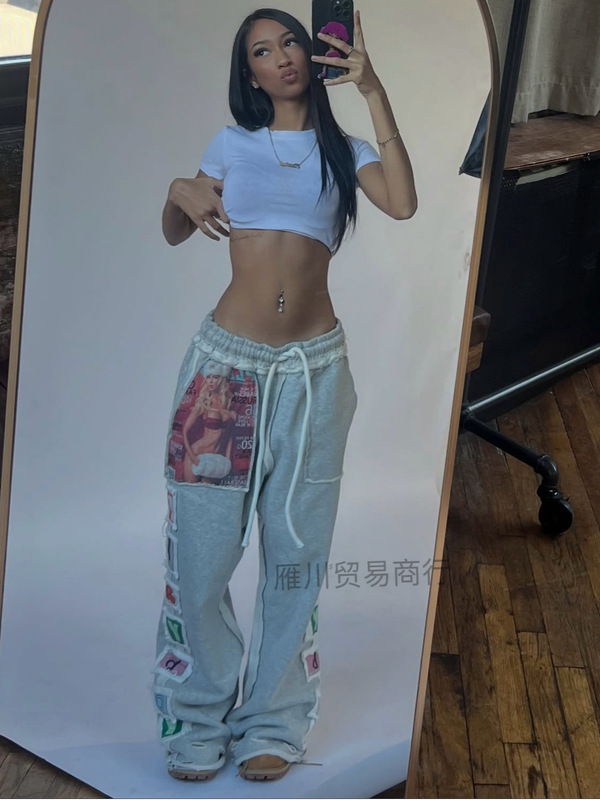 欧美跨境字母贴时尚街头潮流卫裤女宽松休闲抽绳松紧腰直筒长裤|undefined