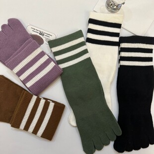 Women's Five-Finger Cotton Socks, Mid-Calf, Spring and Autumn Summer Toe-Separated Long Socks, Versatile Long Socks, Toe-Separated, Sweat-Absorbent, Breathable, Striped