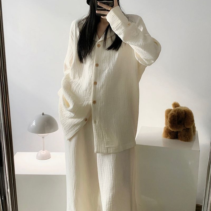 INS 스타일 간단한 단색 잠옷 여성의 봄과 가을 새로운 인터넷 연예인 고급 느슨한 외부 착용 긴팔 홈 의류 세트