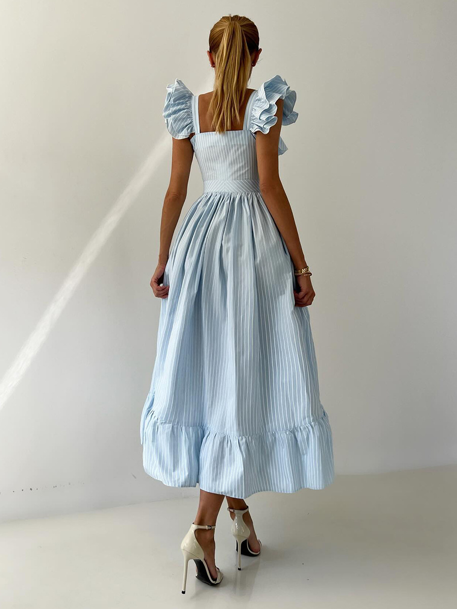 Women's Clothing Striped Dress Button Down Cardigan Waist Cinching Long Dress Summer New Style Flutter Sleeve_ecoleips.com
