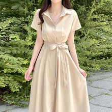 法式气质衬衫式连衣裙女夏季简约感系带收腰显瘦短袖长裙子