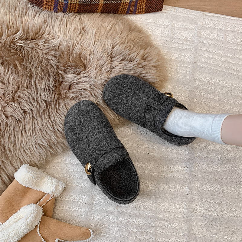 Zapatos Burken gris para mujeres nuevos zapatos de invierno de terciopelo todo incluido aumentando la altura de un pedal de frijoles de oro nuevos zapatos de lana