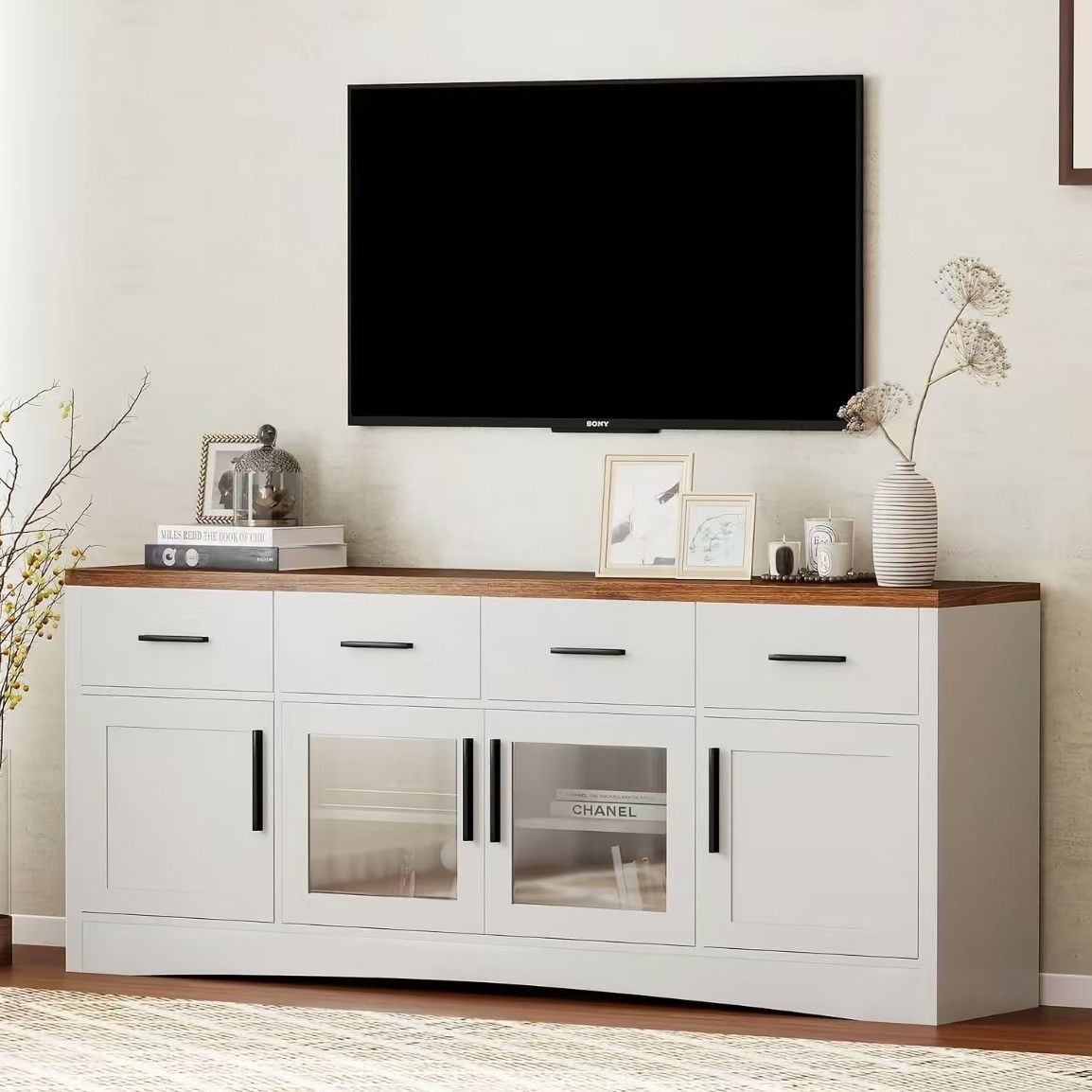 Cross-Border E-Commerce Export Farmhouse-Style Tv Cabinet, Suitable for 80inch Tvs, with Storage Cabinets