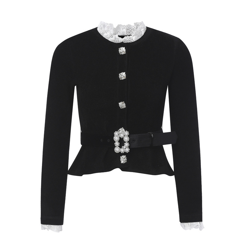 2026 Spring and Autumn New Style Chanel-Inspired Black Cardigan with Round Neck and Rhinestone Buttons, Short Slim-Fit Elegant Knitted Jacket for Women