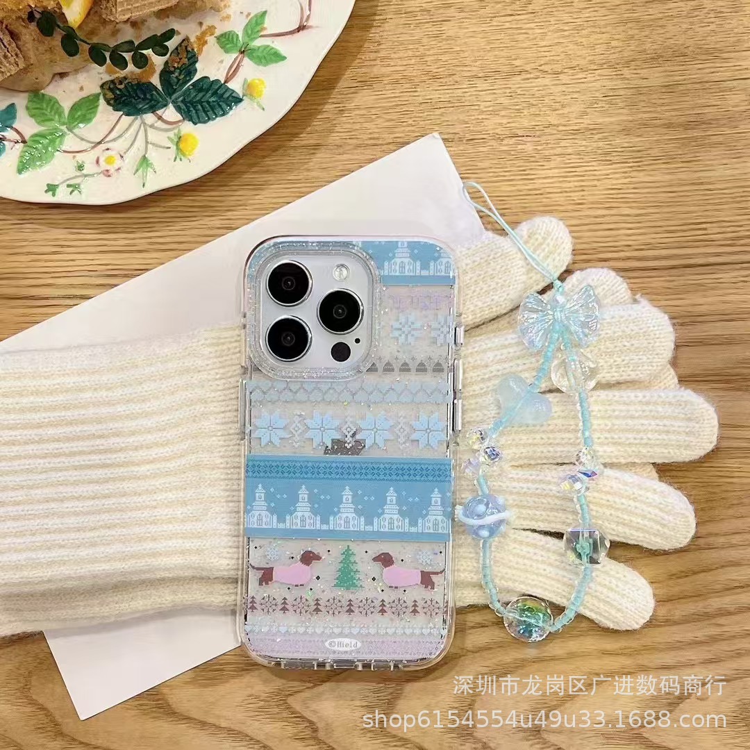 Ins brillo copo de nieve castillo salchicha perro apple iphone14 estuche para teléfono móvil Apple 16ProMax 15Pro hembra 13