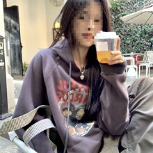 实拍 慵懒情吕连帽落肩卫衣女小众美式复古宽松上衣外套