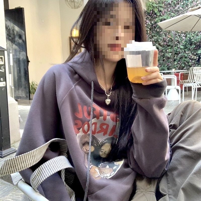 实拍 慵懒情吕连帽落肩卫衣女小众美式复古宽松上衣外套